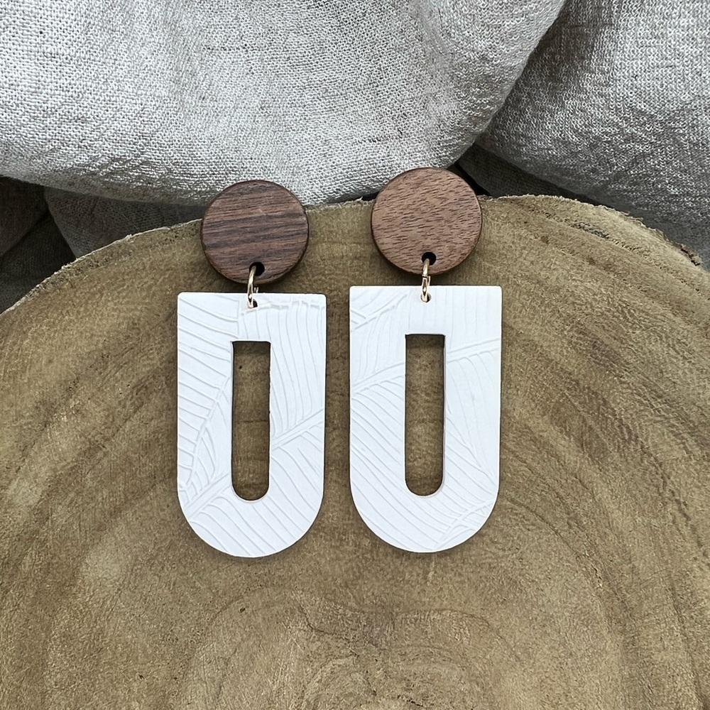 Boho White Clay & Wood Post Earrings - Picture 1 of 1